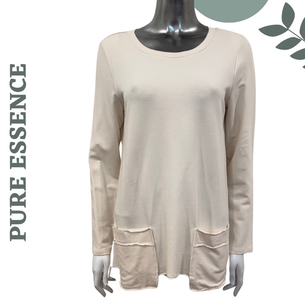 Pure Essence Bamboo Top Ivory Long Sleeve Front Pockets Size Medium NWT